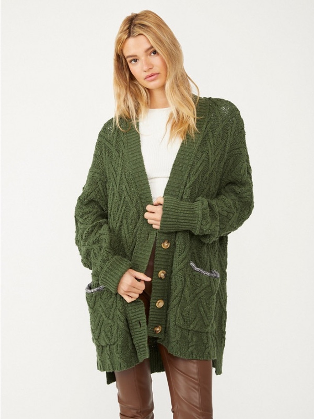 Free People Montana Cable Knit Oversized Green Cardigan